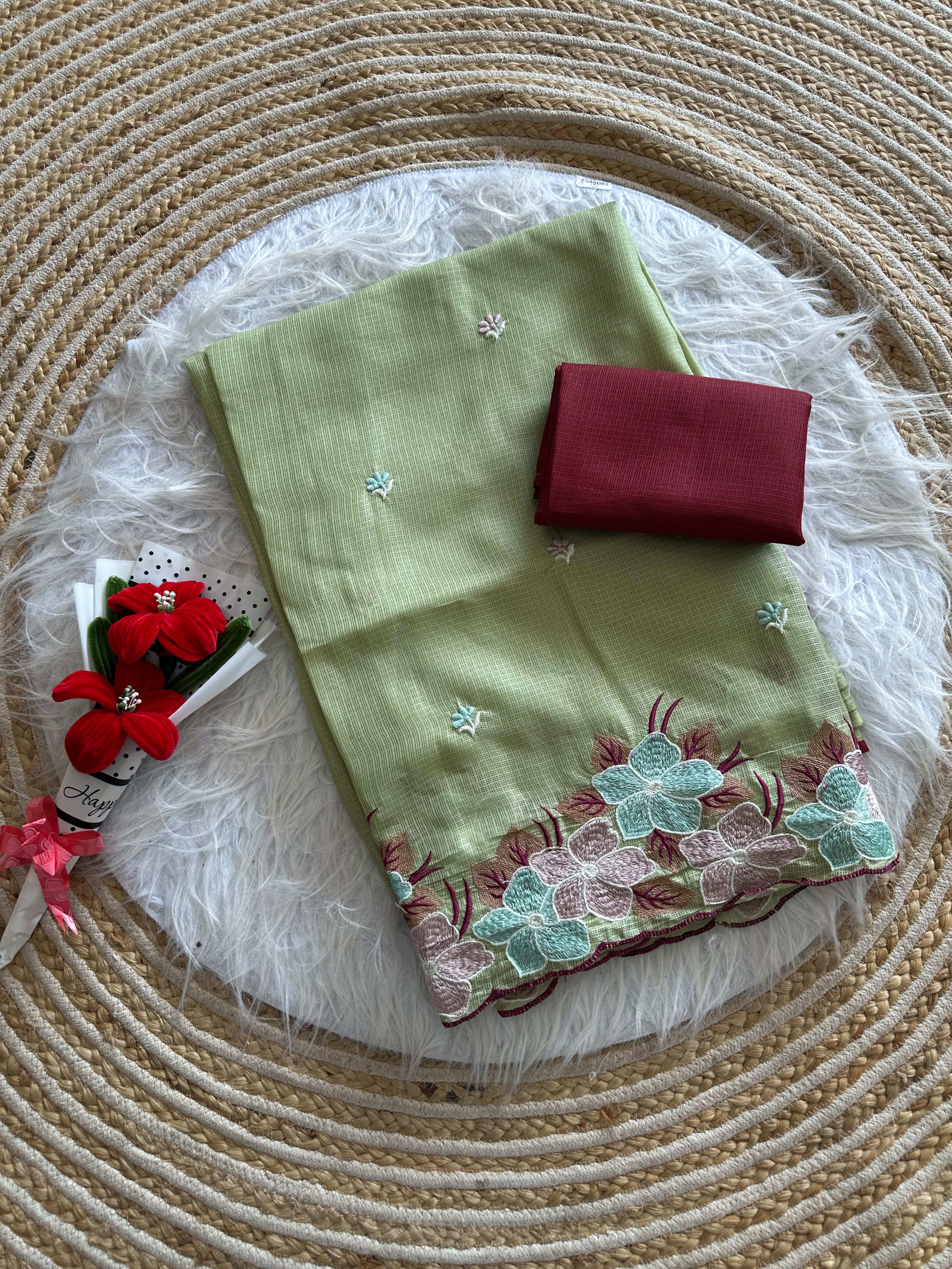 Mint Green Soft Kota doriya fabric Tissue Organza Designer Embroidery Saree.
